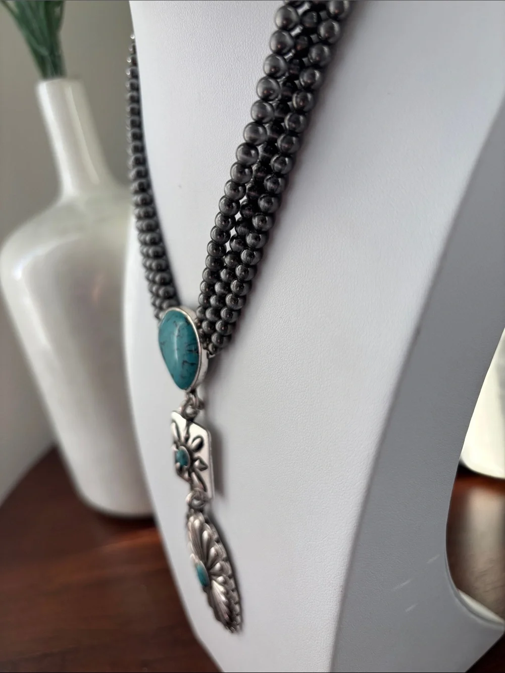Gunmetal Gray 3 row Beaded Chain,turquoise  stones,oval concho, pendant,Western